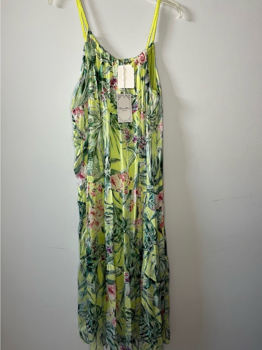 Elena Baldi made in Italy silk blend neon green tropical floral leaf midi dress
